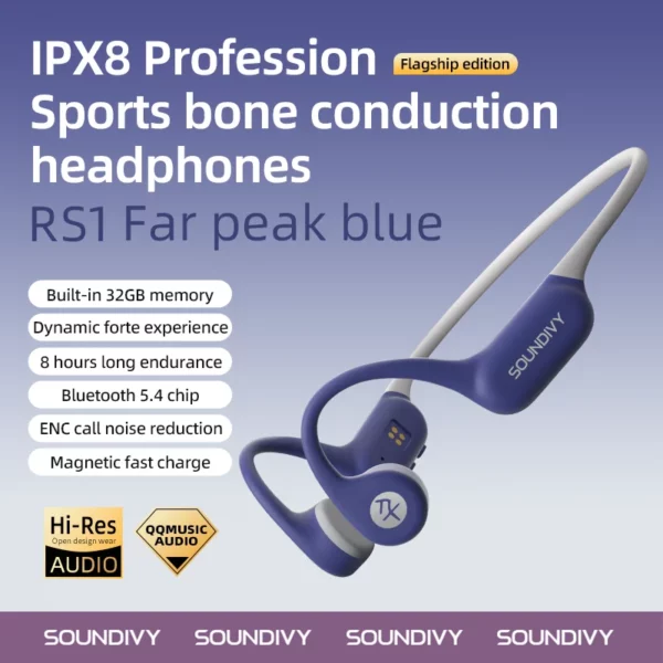 SOUNDIVY RS1 écouteurs à Conduction osseuse Bluetooth sans fil 32GB mémoire IPX8 étanche natation et course sport écouteurs – Image 7