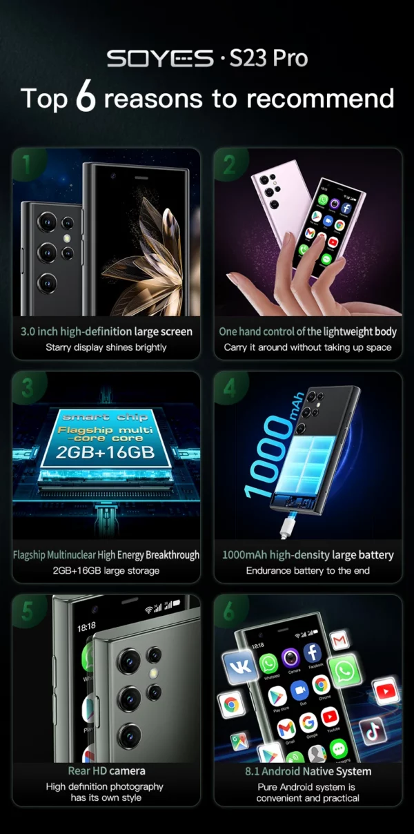 SOYES S23 Pro Smartphone 3.0 pouces Mini téléphone réseau 3G prend en charge WIFI Bluetooth 2GB + 16GB mémoire Smartphone Android – Image 14