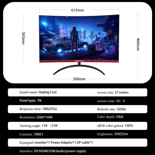 Écran pio Incurvé de 27 Pouces, 2K, 144Hz, 165Hz, Écran LCD pour PC, QHD, 165Hz, pour Ordinateur de Jeu, 2560x1440, DP/HDMI – Image 5