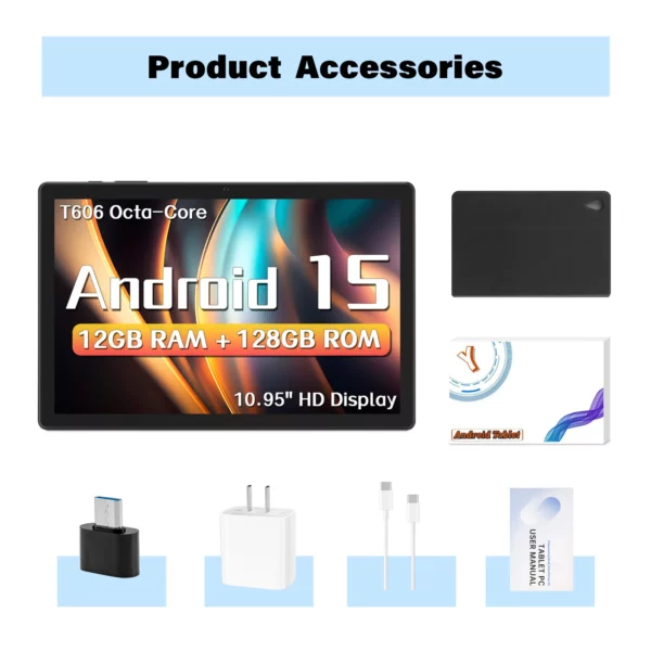 ANRY 10.95 pouces HD tablette Android 15 12GB RAM 128 ROM 2.4G/5G WiFi T606 octa-code 8000mAh tablettes Android avec étui – Image 8