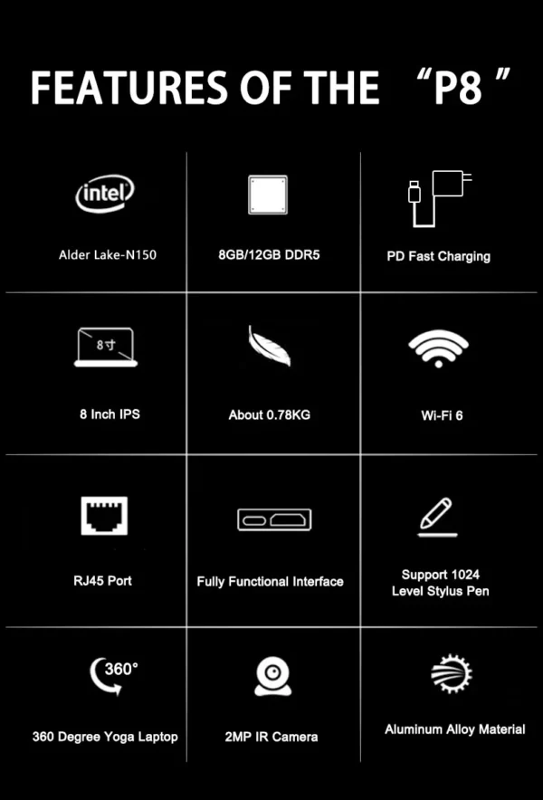 CRELANDER P8 Mini ordinateur portable 8 pouces écran tactile Intel lac N150 12GB DDR5 WiFi 6 2 en 1 ordinateur portable tablette PC ordinateur portable de poche – Image 10