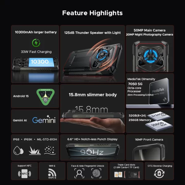 Version mondiale DOOGEE Blade20 Play 5G téléphone robuste 6.6 "HD + 90Hz 8GB 256GB 10300mAh batterie 50MP caméra Android 15 téléphone portable – Image 2