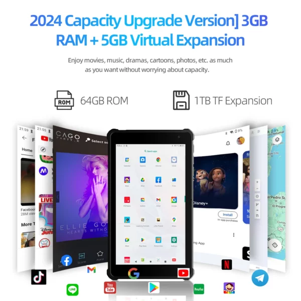 Tablette PRITOM Tablette Android 14 7", 8 Go de RAM (3 + 5 Go d'extension) 64 Go de ROM, processeur Octa-Core A523, WiFi 5G + WiFi6, double caméra, noir – Image 4