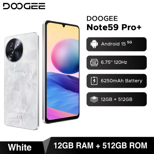 DOOGEE Note59 Pro + 5G Smartphone Android 15 Version mondiale 6250mAh batterie 6.75 ''120Hz affichage 12GB 512GB téléphone portable NFC – Image 8