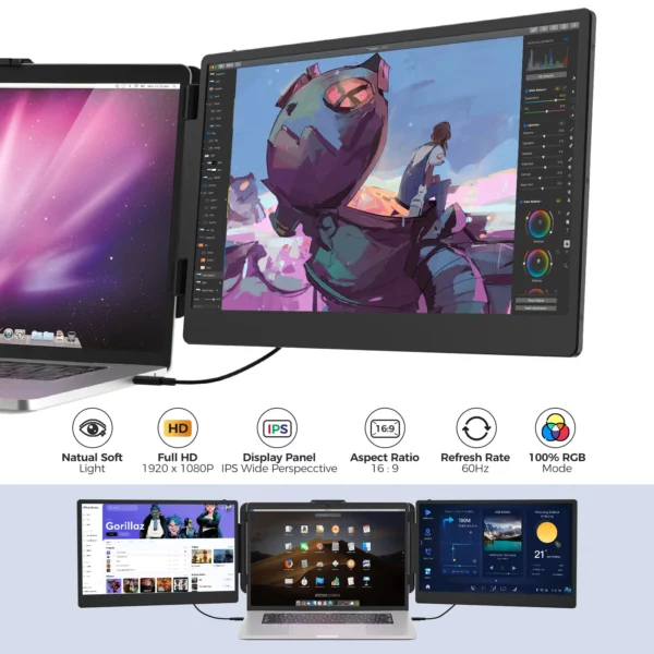 Moniteur d'ordinateur portable 14 pouces, 1920x1080, 16:9 IPS, pour touristes, extension d'écran, type-c, pour Macbook, Switch, téléphone – Image 11