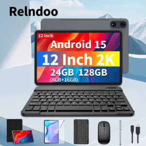 2025 Relndoo Nouvelle tablette Android 15 12 pouces, 24 Go (8 + 16 élargies) RAM + 128 Go de ROM, écran HD 2K, processeur T615, double caméra 8 + 16 MP
