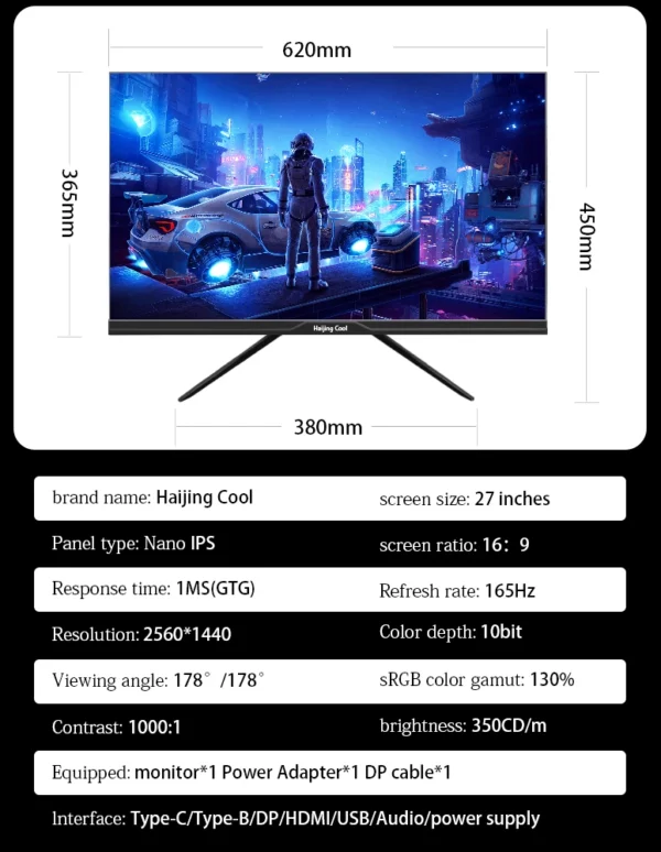 Moniteur 27 pouces 2K 165Hz 144HZ, pour ordinateur de jeu, 1ms, synchronisation gratuite, panneau Nano IPS, écran LCD de bureau, HDMI DP type-c – Image 5