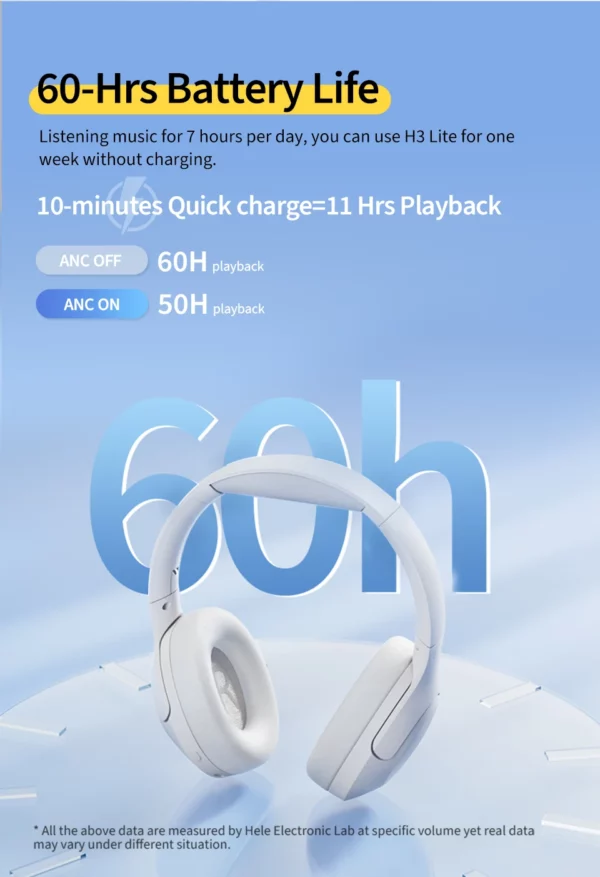 QCY-Écouteurs sans fil et filaires H3 Lite ANC, Bluetooth 5.3, casque supra-auriculaire pliable, son HIFI, 60 heures de lecture, écouteurs pour touristes allergiques – Image 17