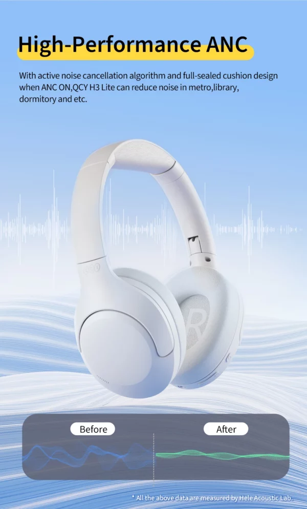 QCY-Écouteurs sans fil et filaires H3 Lite ANC, Bluetooth 5.3, casque supra-auriculaire pliable, son HIFI, 60 heures de lecture, écouteurs pour touristes allergiques – Image 12