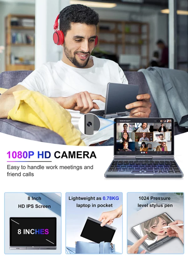 CRELANDER P8 Mini ordinateur portable de jeu 8 pouces écran tactile Intel Alder Lake N150 12GB DDR5 Windows 11 WiFi 6 petit ordinateur portable de poche – Image 12