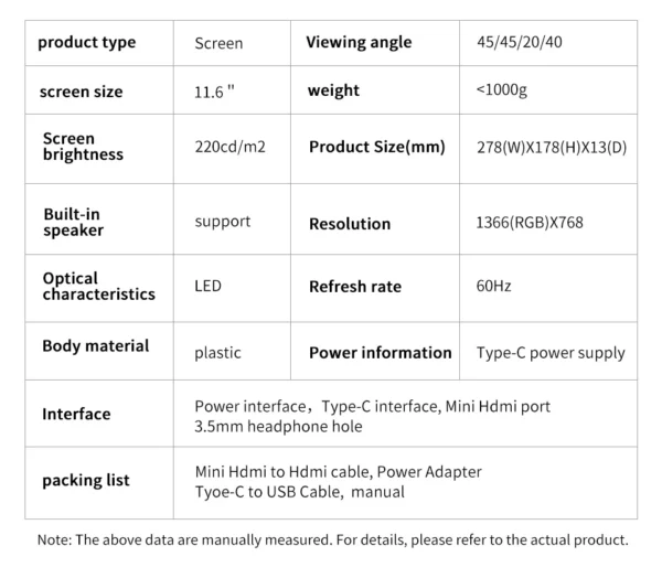 Moniteur portable compatible HDMI pour ordinateur portable, deuxième écran de jeu, affichage arc-en-ciel pour Switch, PS4, Xbox, Raspberry Pi, 11.6 pouces – Image 17