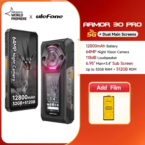 【Première mondiale】Ulefone Armor 30 Pro 5G Téléphone robuste Android 14 Smartphone 6,9" 120Hz 32GB+512GB 12800mAh Caméra nocturne 64MP NFC MTK Dimensity 7300X 66W Téléphone portable – Image 11