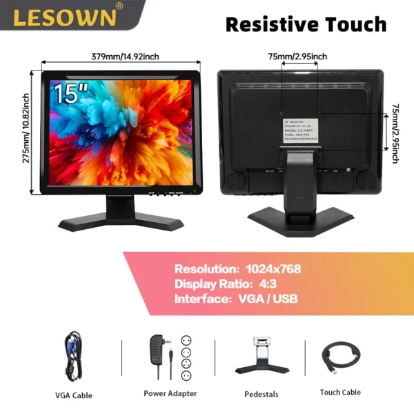 LESOWN 15 pouces petit moniteur PC 1024x768 4:3 300cd/m2 écran tactile industriel écran tactile en option pour caméra de sécurité CCTV PC – Image 7