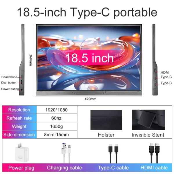 Moniteur Portable de 18.5 pouces, écran étendu, affichage de jeu intelligent pour PC, ordinateur Portable, téléphone, Xbox, PS4, PS5, commutateur, Support type-c, HDMI – Image 6
