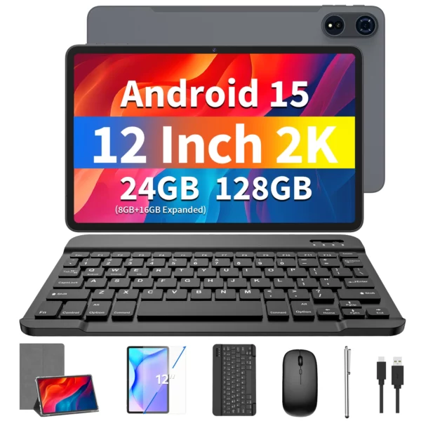 2025 Relndoo Nouvelle tablette Android 15 12 pouces, 24 Go (8 + 16 élargies) RAM + 128 Go de ROM, écran HD 2K, processeur T615, double caméra 8 + 16 MP – Image 9
