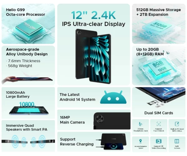 Doogee-Tablette T40 Pro, 12 ", IPS, 2.4K, 20 Go, 8 Go, 512 Go, Android 14, Helio G99, 6nm, 10800mAh, 18W Charge, 7.6mm, Ultra-mince, Première mondiale – Image 17