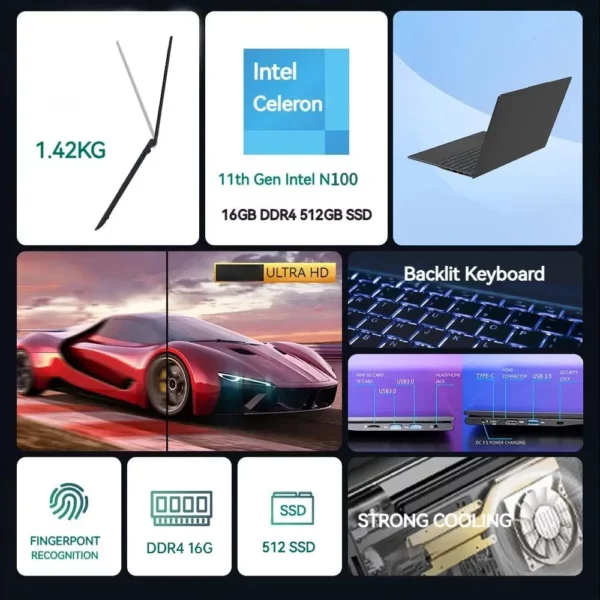FIREBAT A16 16 pouces 100% sRGB Ultra mince DDR4 16G RAM 1 to 1920*1200 empreinte digitale Portable Intel N100 N5095 ordinateur Portable – Image 5