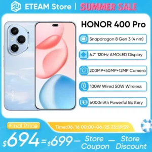 2025 Version mondiale HONOR 400 Pro 5G Smartphone Snapdragon 8 Gen 3 6.7 ''AMOLED affichage 200MP 100W filaire 50W sans fil IP68 et IP69