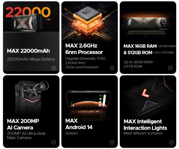 Version mondiale DOOGEE V Max Plus téléphone robuste 6.58 "120Hz affichage 16GB 512GB 200MP AI caméra 22000mAh effet d'éclairage Android 14 – Image 21