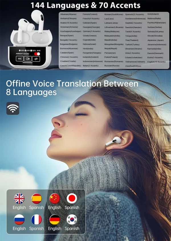 UYUXIO AI traducteur de langue écouteurs 144 langues traducteur dispositif et Accents 8 écouteurs de traduction de langue hors ligne – Image 15