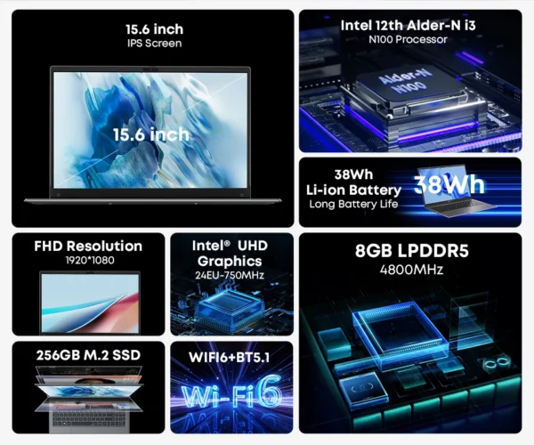 CHUWI-Ordinateur portable GemiPlePlus, 16 Go LPDDR5, SSD 512 Go, Intel Alder Lake N100 15.6, FHD 1920x1080, WiFi 6, Windows 11 – Image 11