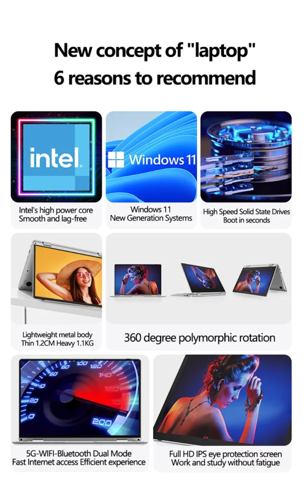 Ordinateur portable 11,6 pouces Intel Celeron N4020 360 °   Flips Écran tactile pour caméra HD 6 Go DDR4 2 To SSD 4500 mAH 2,8 GHz Tablette légère – Image 9