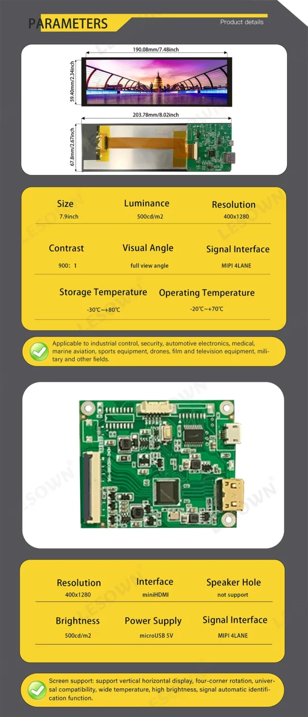 LESOWN-Moniteur d'écran LCD, barre longue étirée, haute luminosité, IPS large et fin, deuxième écran, technologie, 7.84 pouces, 7.9 Wind, m2, 1280x400 – Image 7