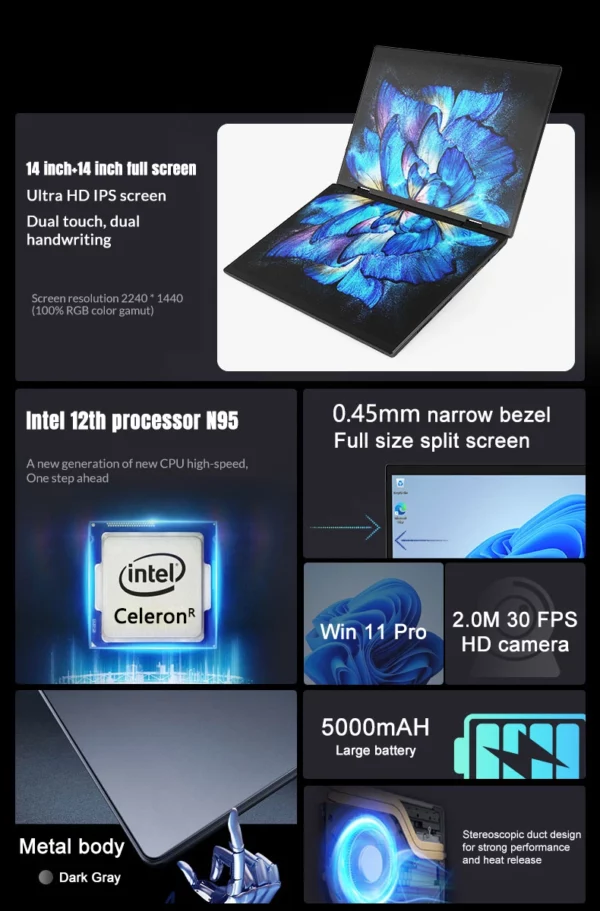 Crelander double écran ordinateur portable 14 + 14 pouces 2K écran tactile ordinateur portable Intel N95 CPU 360 degrés Flip Metal Shell 2 en 1 ordinateur portable – Image 10