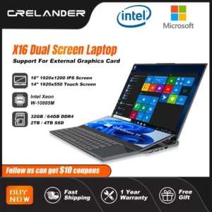 CRELANDER Ordinateur portable à double écran 16 pouces 2K + écran tactile 14 pouces Intel Xeon W-10855M 64 Go de RAM Zenbook Duo Ordinateur portable de jeu