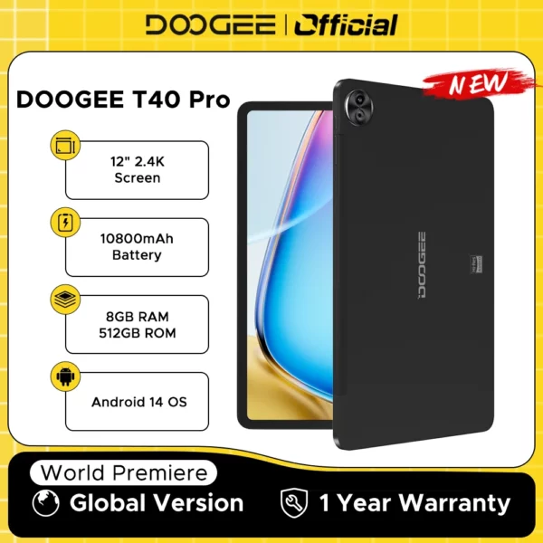 Doogee-Tablette T40 Pro, 12 ", IPS, 2.4K, 20 Go, 8 Go, 512 Go, Android 14, Helio G99, 6nm, 10800mAh, 18W Charge, 7.6mm, Ultra-mince, Première mondiale