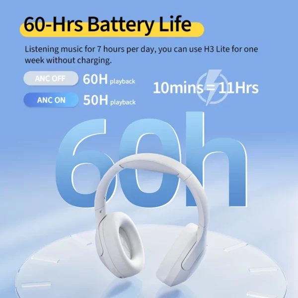 QCY-Écouteurs sans fil et filaires H3 Lite ANC, Bluetooth 5.3, casque supra-auriculaire pliable, son HIFI, 60 heures de lecture, écouteurs pour touristes allergiques – Image 6