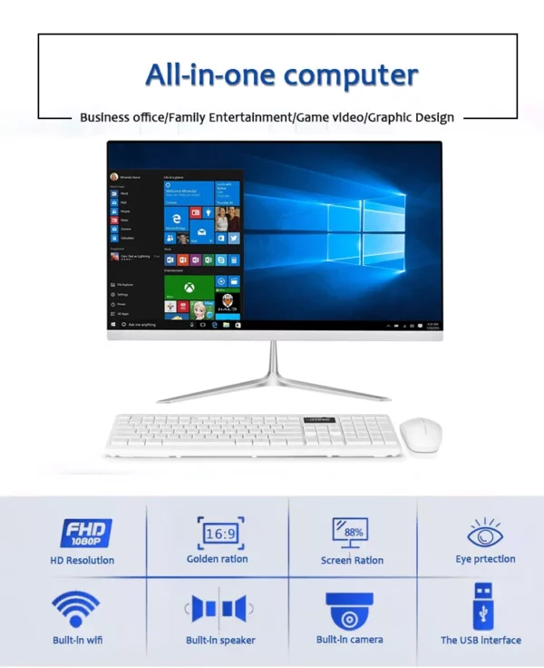 Ordinateur tout-en-un 1K 24 pouces (Intel Core 5095, RAM 8/16 Go, SSD 128/256/512/1024 Go, Windows 11 Pro), blanc, clavier anglais – Image 2