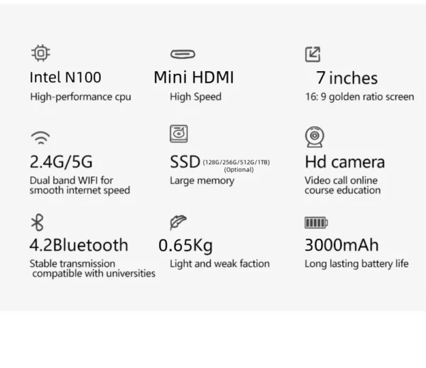 7 pouces Mini ordinateur Portable Intel N100 ordinateur Portable IPS écran tactile Netbook Win 11 Pro Mini PC Micro ordinateur BT 4.2 16G 128GB – Image 11