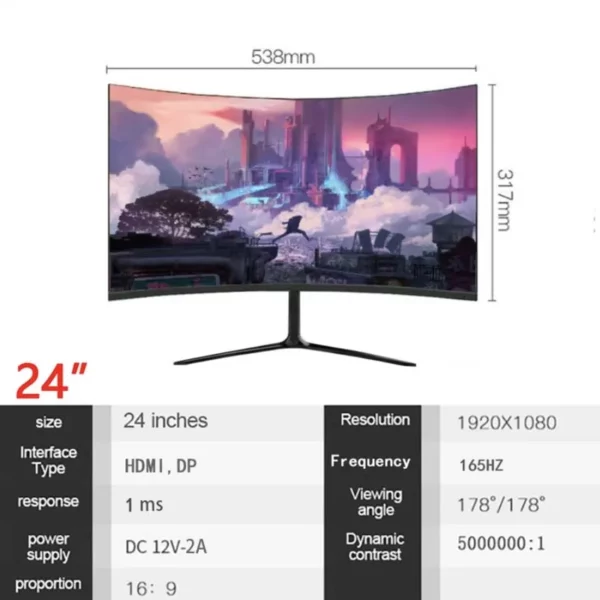 Écran LCD incurvé gaming HD 165 p, IPS, 24 pouces, 1080 hz, avec affichage de bureau, 1MS, HDMI – Image 7