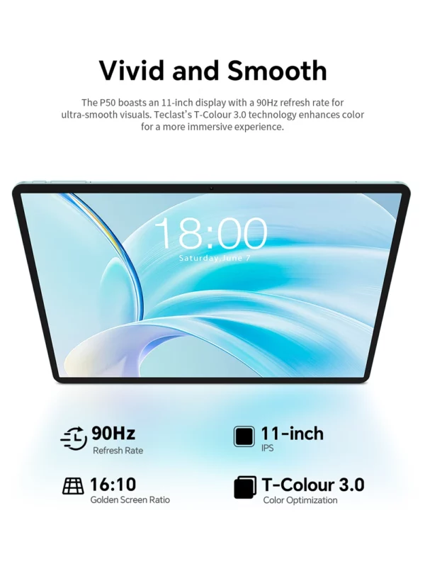 Teclast P50 2025 tablette Android 15 11 "IPS 90Hz 20GB(8GB + 12GB) RAM 128GB ROM T606 8 cœurs 7000mAh 4G LTE GPS Widevine L1 type-c – Image 9