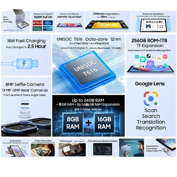 Tablette Blackview Tab 16 Pro  8 Go + 256 Go Écran 11'' FHD + Batterie 7700 mAh Android 14 Widevine L1 Unisoc T616 Tablette PC – Image 2