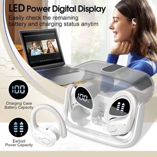 Écouteurs Bluetooth de sport, étanches IPX7, sans fil, 75 heures de musique, avec micro, affichage de puissance LED, crochet d'oreille souple, oreillettes TWS – Image 6