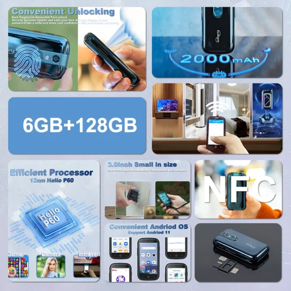 Unihertz-Mini smartphone Jelly 2, 6 Go 128 Go, Android 11, Helio P60, Octa Core, téléphone portable NDavid débloqué, téléphone infrarouge 16MP – Image 12