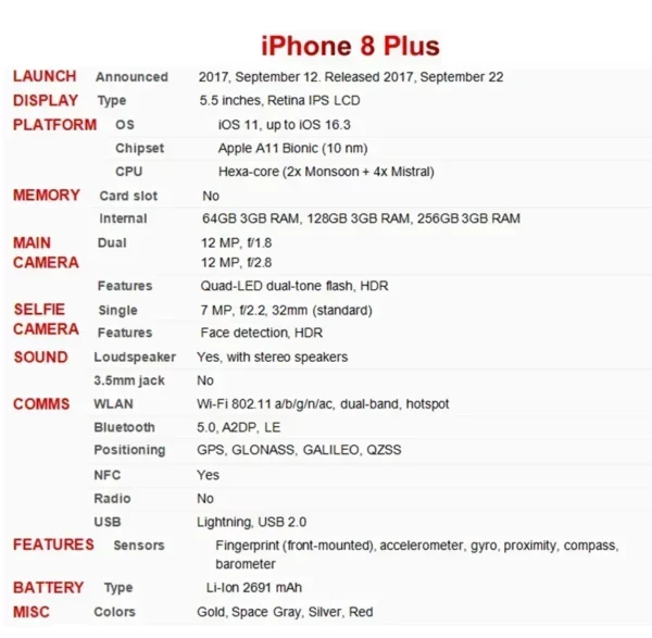 Apple iphone 8 plus 4g ios Smartphone 5.5 pouces écran 256GB ROM 2675 batterie toutes les couleurs en bon état téléphone utilisé – Image 10