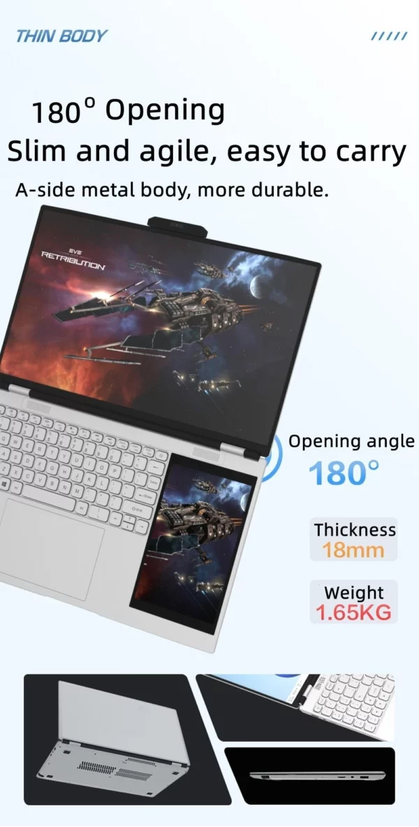 Ordinateur portable double écran 15.6 "IPS 2K écran étroit à quatre côtés 7" écran tactile IPS 32 Go Intel N100 CPU 4 cœurs 4 fils jusqu'à 3.4 GHz – Image 23