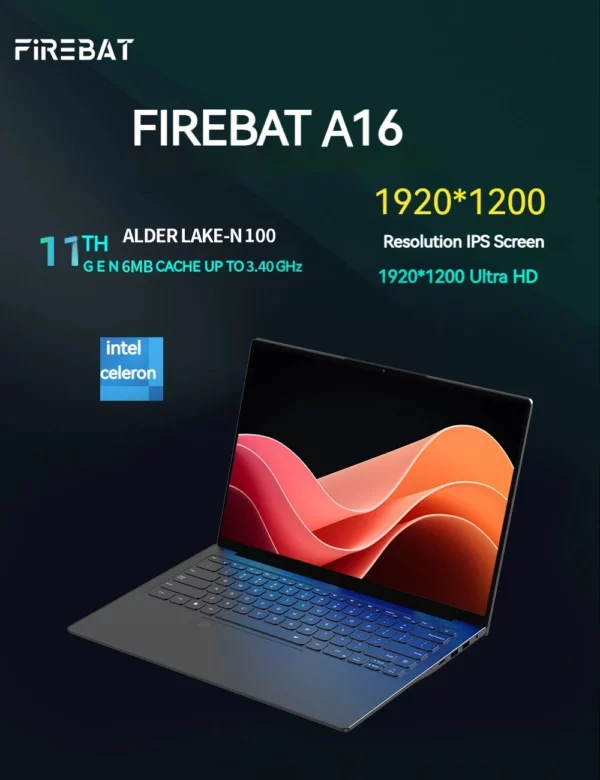 FIREBAT A16 16 pouces 100% sRGB Ultra mince DDR4 16G RAM 1 to 1920*1200 empreinte digitale Portable Intel N100 N5095 ordinateur Portable – Image 4