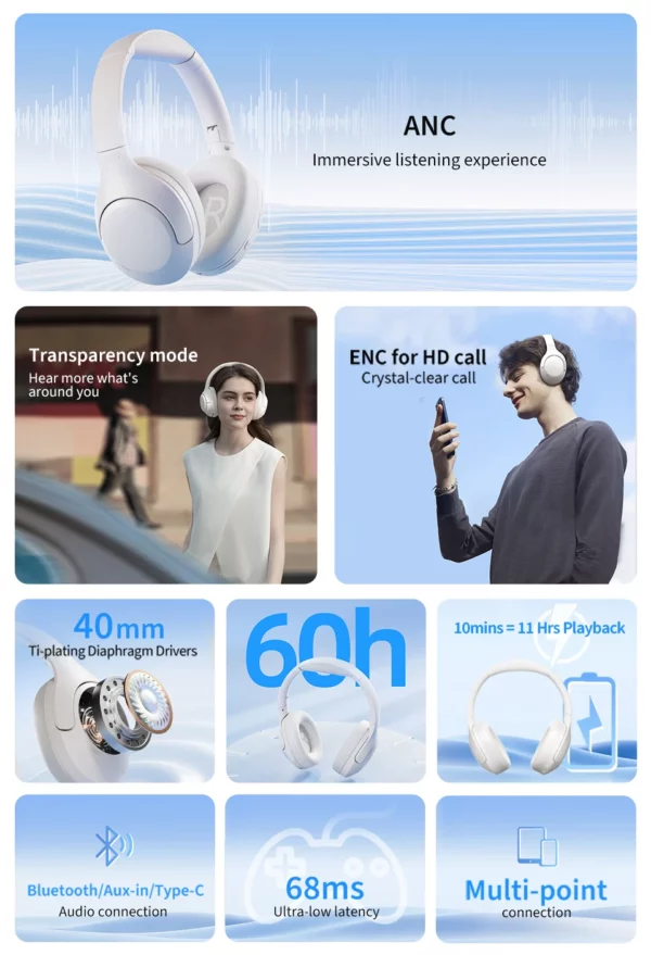 QCY-Écouteurs sans fil et filaires H3 Lite ANC, Bluetooth 5.3, casque supra-auriculaire pliable, son HIFI, 60 heures de lecture, écouteurs pour touristes allergiques – Image 11