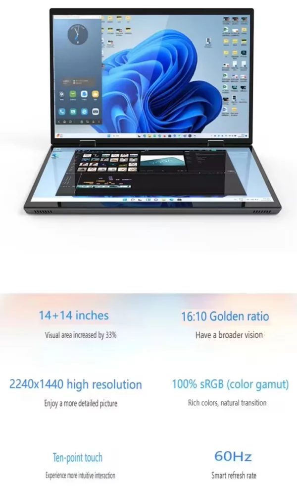 14 pouces + 14 pouces tactile double écran ordinateur portable Intel N100 processeur ordinateur portable de jeu DDR4 16GB 1TB SSD ordinateur portable – Image 18