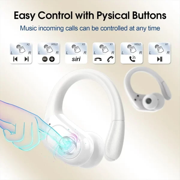 Écouteurs Bluetooth de sport, étanches IPX7, sans fil, 75 heures de musique, avec micro, affichage de puissance LED, crochet d'oreille souple, oreillettes TWS – Image 2