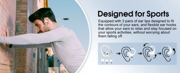 Écouteurs Bluetooth de sport, étanches IPX7, sans fil, 75 heures de musique, avec micro, affichage de puissance LED, crochet d'oreille souple, oreillettes TWS – Image 15