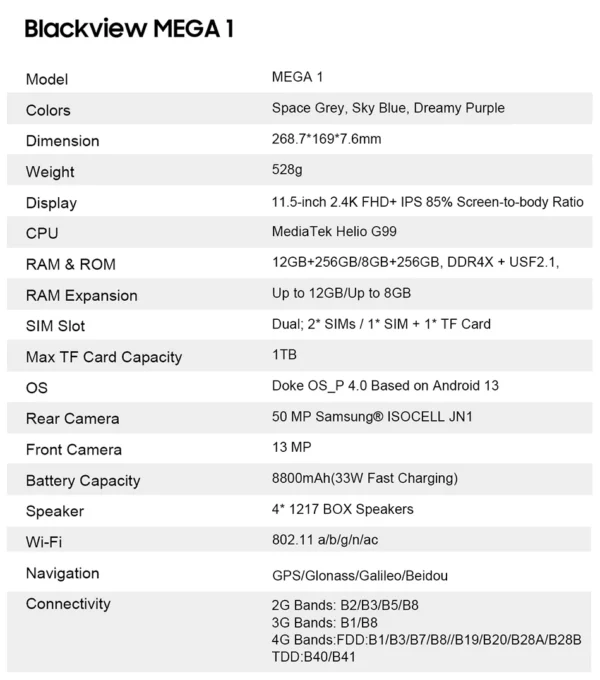 Blackview MEGA 1 tablettes 11.5 "2.4K 120Hz affichage 50MP caméra 12GB 256GB 8800mAh 33W charge Widevine L1 Android Pad PC – Image 59