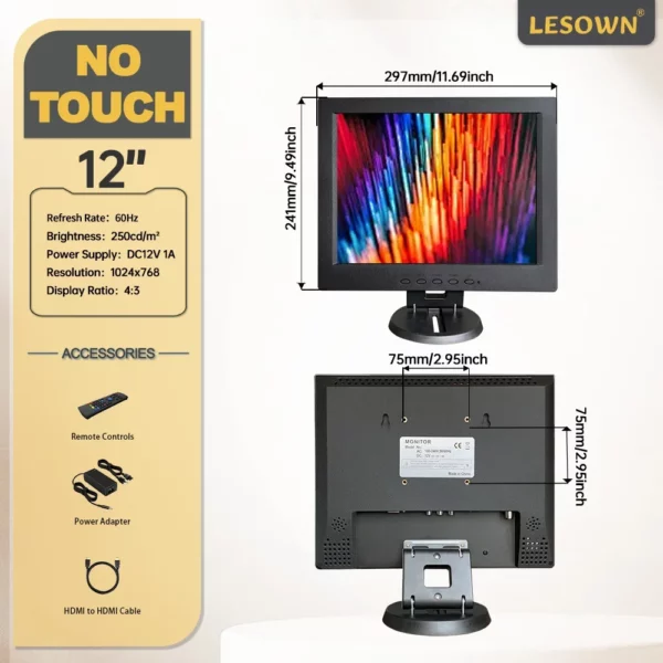 LESOWN 12 pouces 1024x768 moniteur LCD industriel 4:3 HDMI VGA AV BNC petit écran large pour caméra de Microscope de voiture CCTV – Image 7