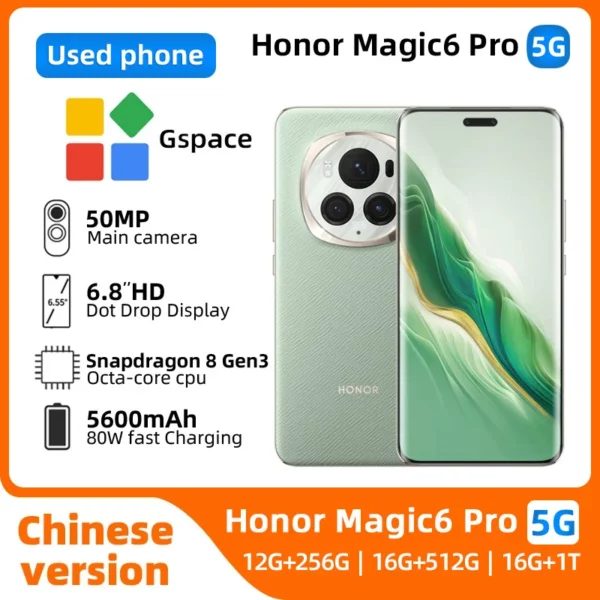 HONOR Magic 6 Pro 5g CPU Snapdragon 8 Gen3 Smartphone Android 6.78 pouces écran 5600Mah batterie utilisé téléphone