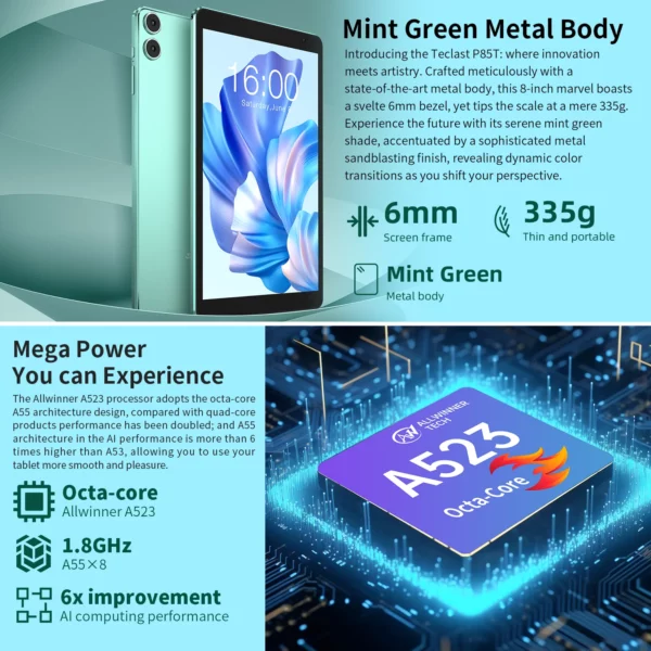 Teclast tablette P85T 8 pouces IPS Android 14 Max 10GB(4GB + 6GB d'extension) RAM 64GB ROM A523 8 cœurs 5000mAh type-c Wi-fi 6 corps métallique – Image 3