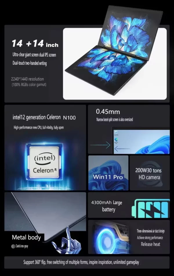 14 pouces + 14 pouces tactile double écran ordinateur portable Intel N100 processeur ordinateur portable de jeu DDR4 16GB 1TB SSD ordinateur portable – Image 14